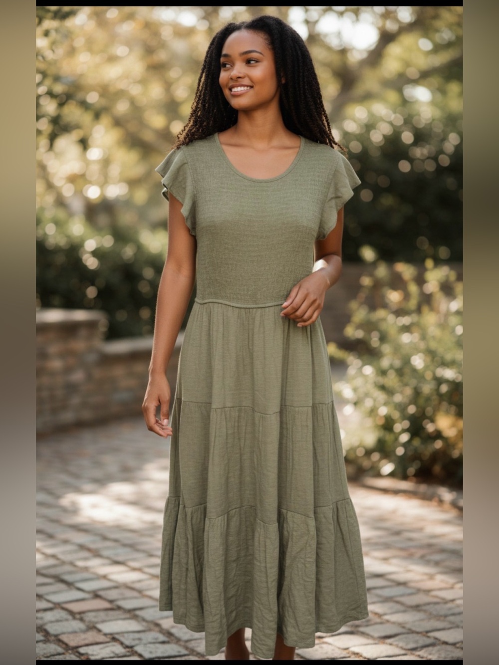 Women's Medium Midi Dress Smocked Green Flutter Sleeve Tiered Lined Prairie Boho
